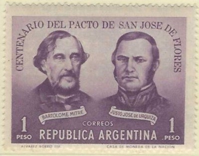Sello de la República Argentina de 1 Peso,  con las imágenes de los ilustres Bartolome Mitre y Justo José de Urquiza