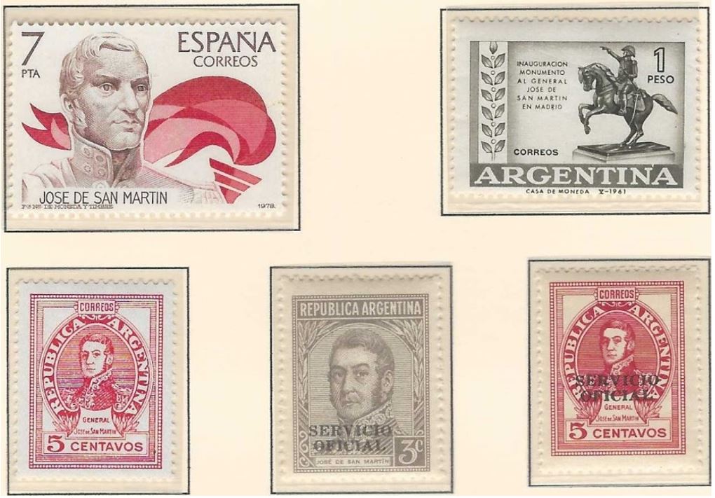 Diversas emisiones (algunas sobre-impresas y de Servicio Oficial) de sellos dedicadas al General José de San Martin, una de ellas española.
