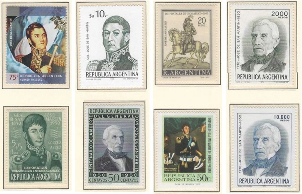 Diversas emisiones de sellos dedicadas al General José de San Martin, por diversos y variados motivos. 